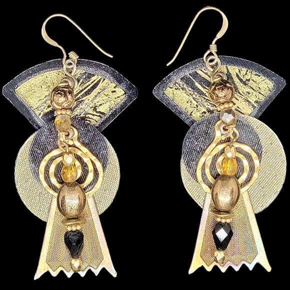 Glam Chic 80s Iridescent Gold Black Metallic Dangle Earrings Vintage - Picture 1 of 6